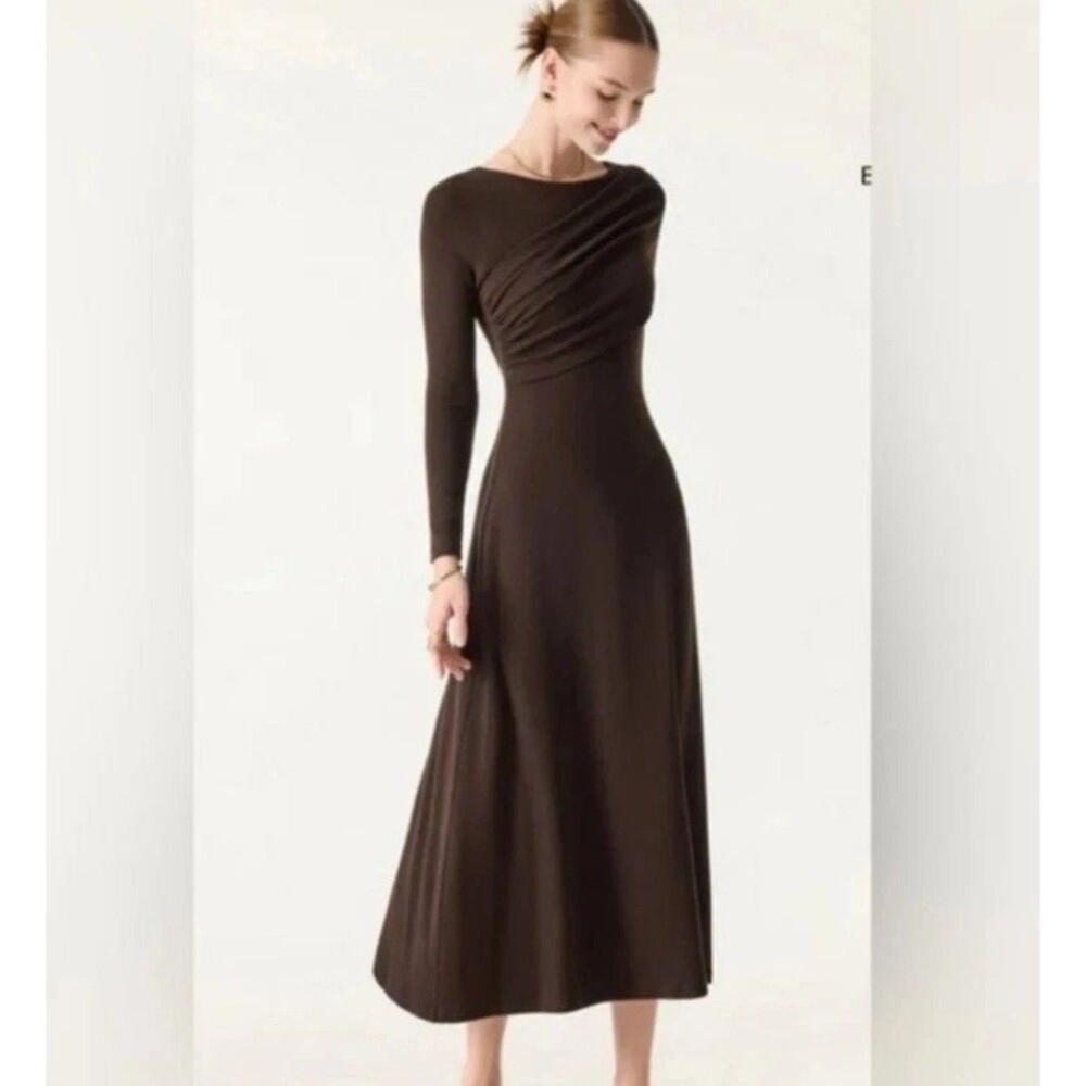 New Ogl Move Dress Brown Long Sleeve Large Boatneck Ruched Midi Brami Casual